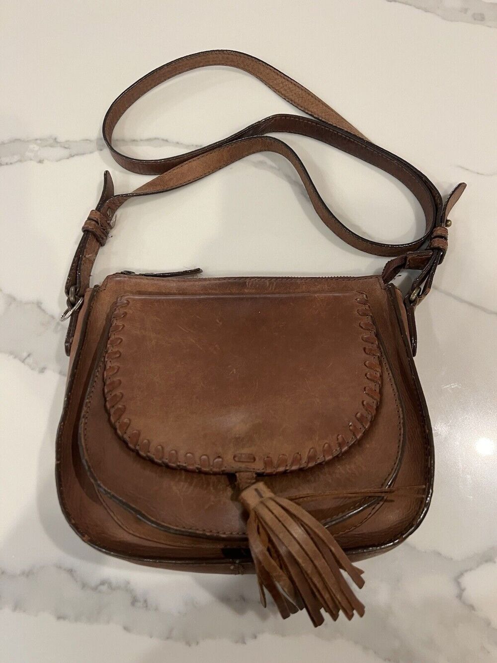 Fat Face FF tassel leather crossbody Shoulder Massager bag Rn 148869 Boho Brown